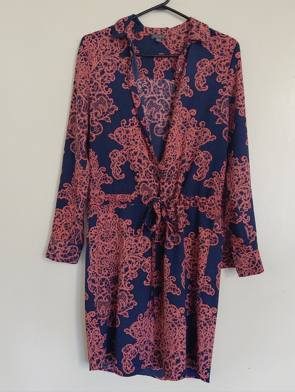 Lilla P Navy Blue/ Pink Lace Printed Button Front Long Sleeve Tunic Dress Size S